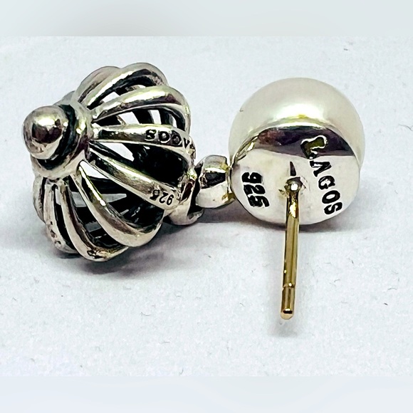 Lagos Caviar 8.5 mm Pearl Stud Drop Dangle Fluted Sterling silver Earrings .925 - Picture 6 of 13